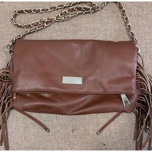 BCBG Paris Fringe Flap Shoulder Bag Clutch Brown Faux Leather